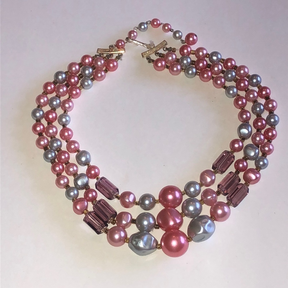 Vintage Three-Strand Pink Faux Pearl Statement Necklace